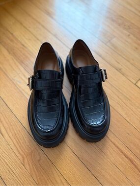 Maje Ferbie buckled platform flats featuring black crocodile-effect leather